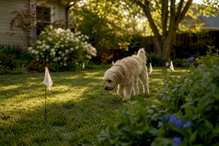 Dog walking by wireless fence boundary flags