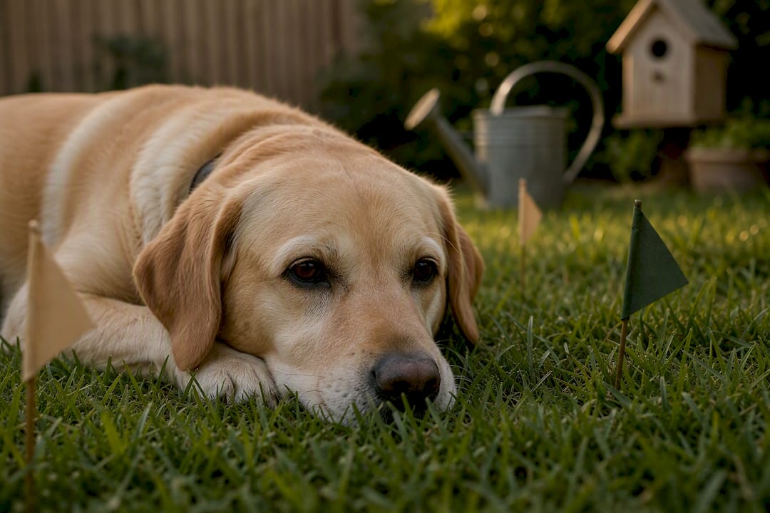 Dog near boundary flags wearing collar silhouette