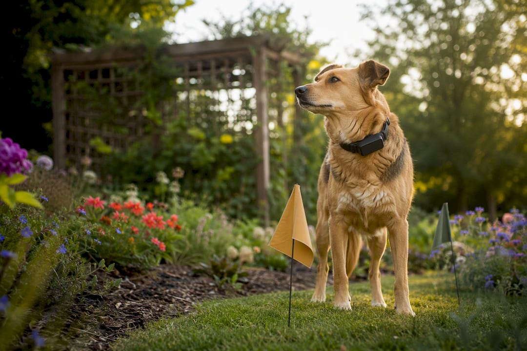 Dog wearing GPS collar near wireless boundary markers