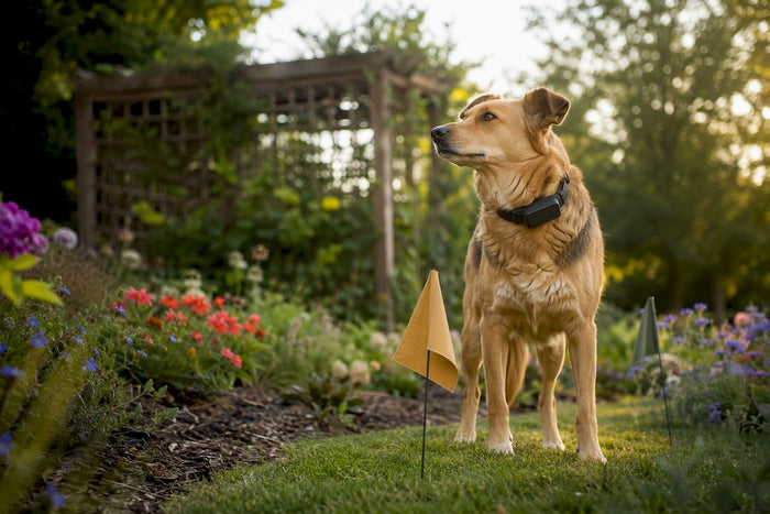 Dog wearing GPS collar near wireless boundary markers
