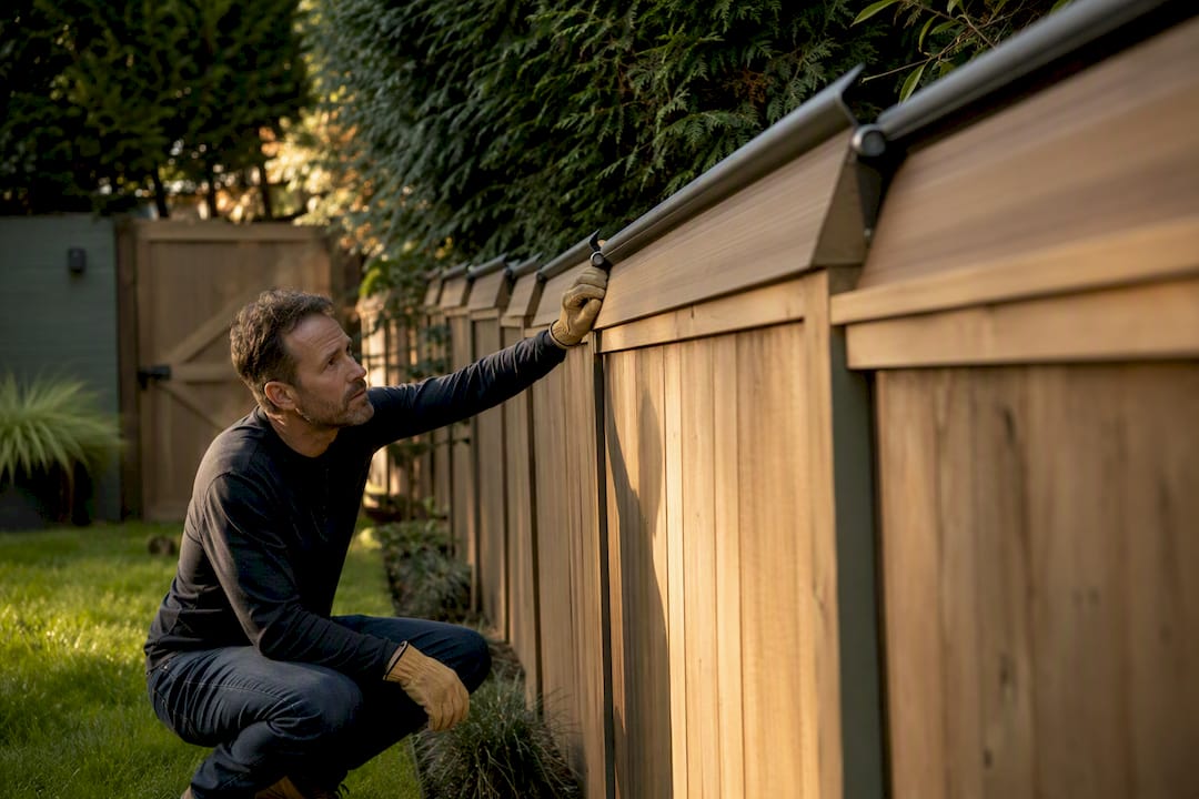 Homeowner inspecting dog-proof fence top