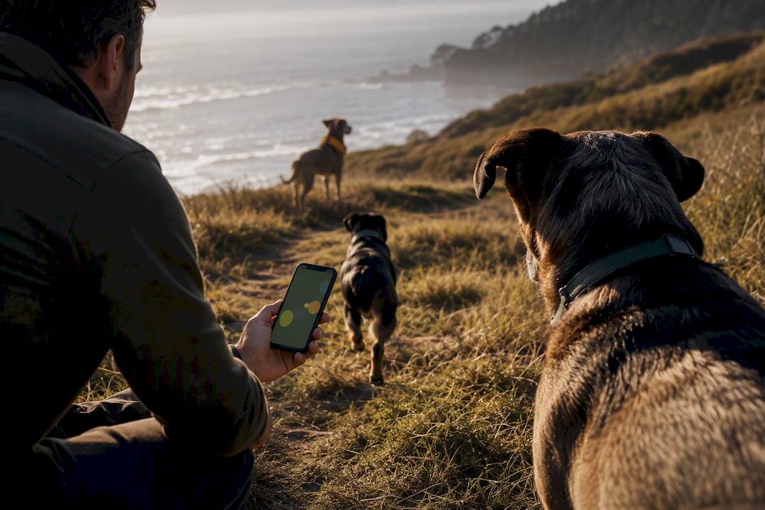 Owner tracking three dogs along coastal trail
