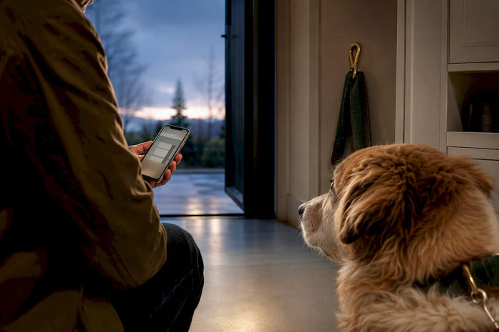 Dog owner checking live location near doorway