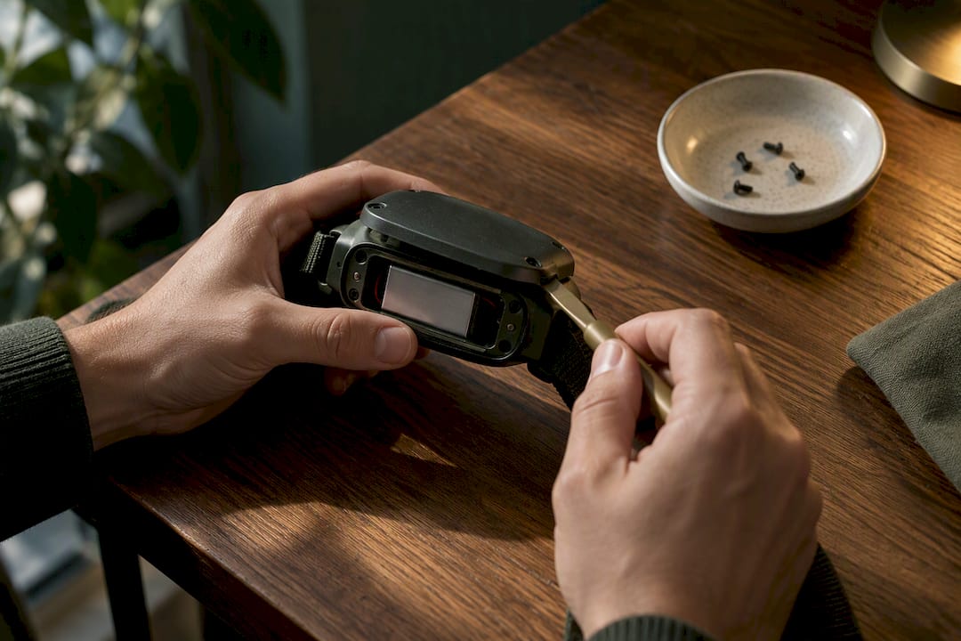 Hands opening a dog collar battery compartment