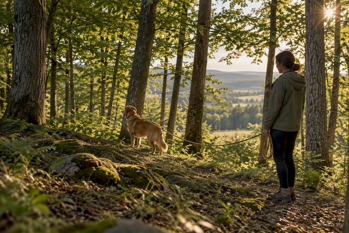 Dog training beneath dense woodland canopy