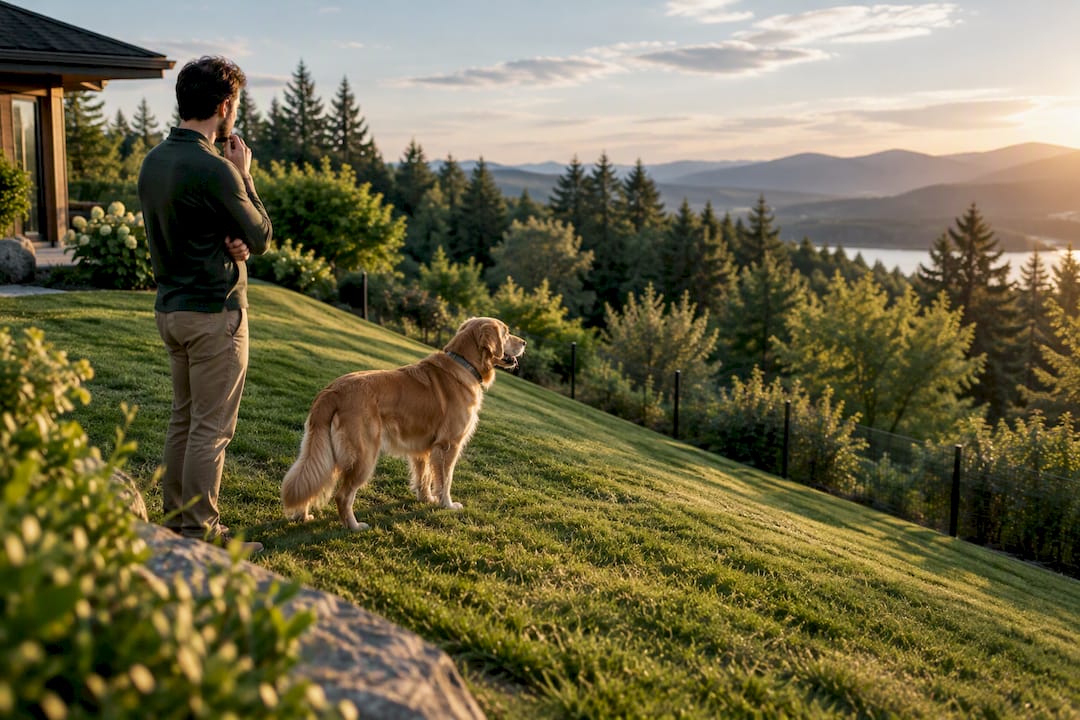Dog and owner planning containment on sloped yard