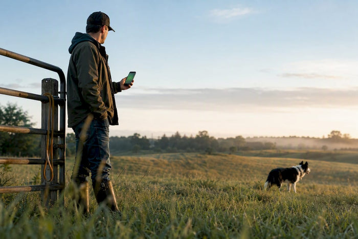 Owner tracking dog beside pasture boundary