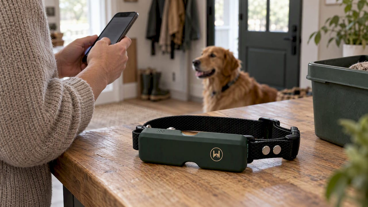 HAVEN collar beside phone during firmware update
