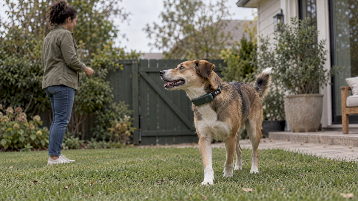 Dog wearing HAVEN collar during boundary training