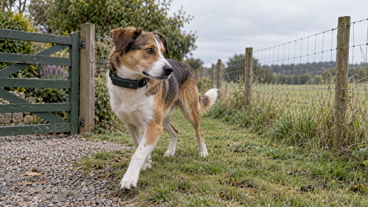 Dog turning away from fence wearing HAVEN collar