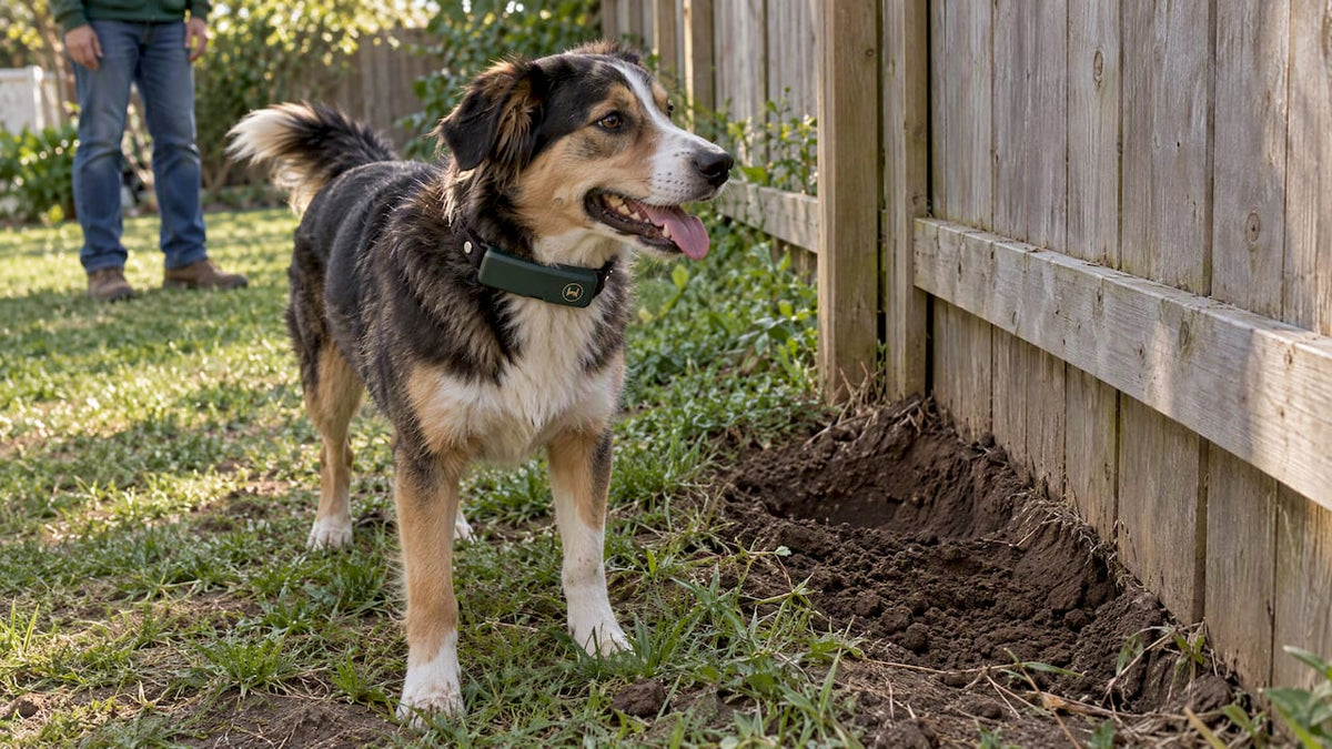 Dog wearing HAVEN GPS collar beside fence