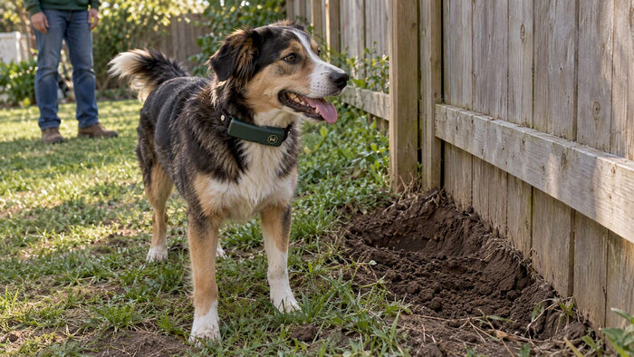 Dog wearing HAVEN GPS collar beside fence