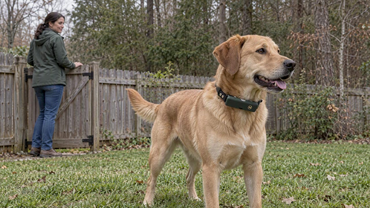 Dog wearing GPS collar in fenced yard