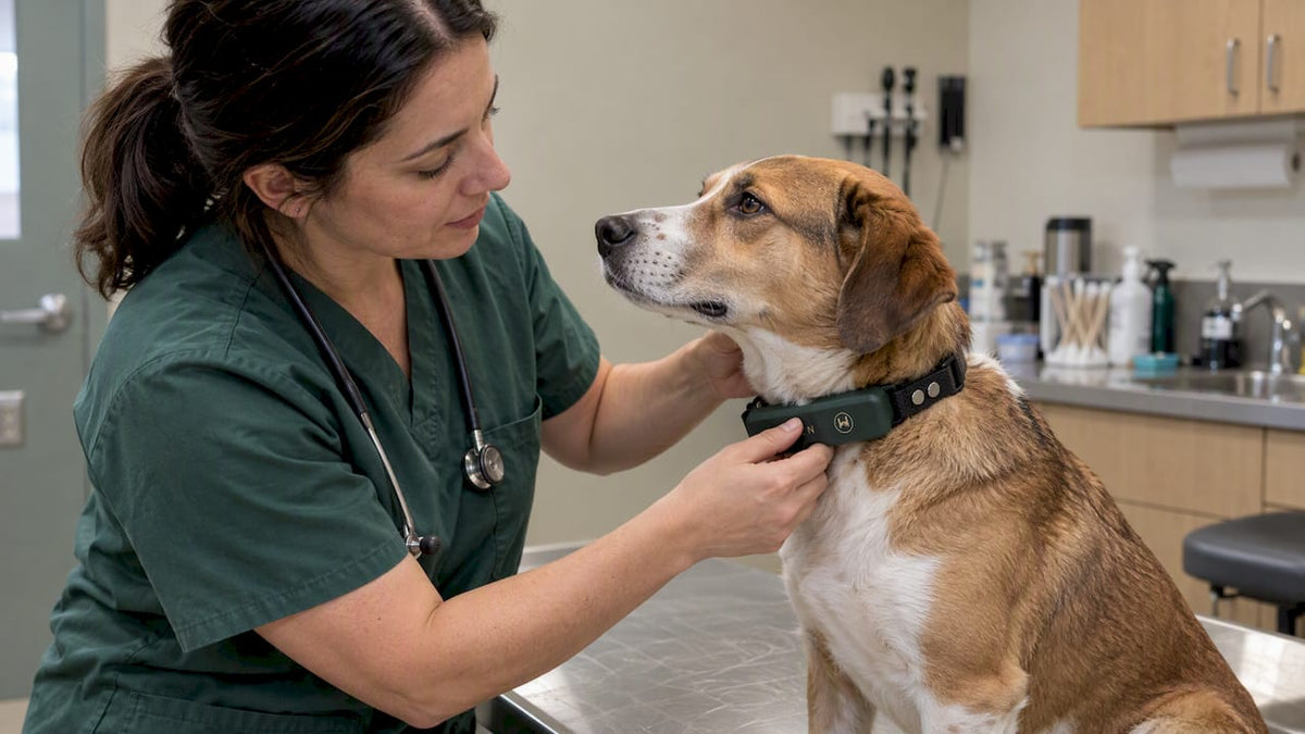 Veterinarian checking a dog's collar fit