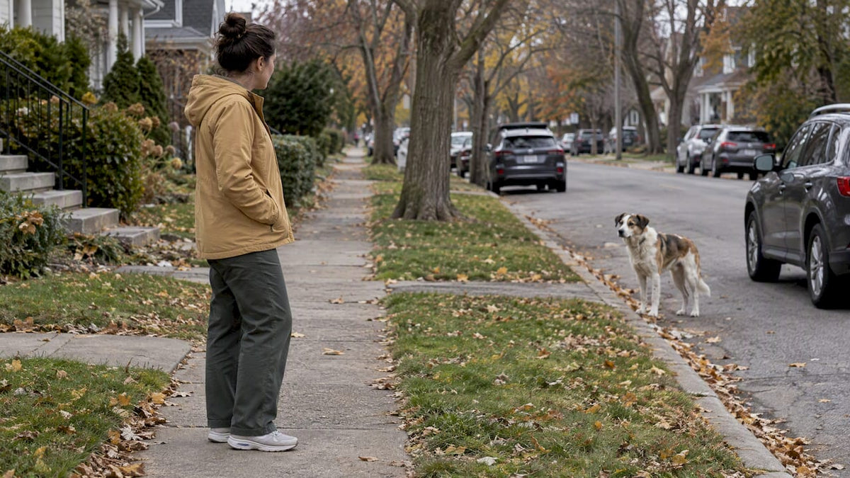 Neighbor calmly keeping distance from loose dog