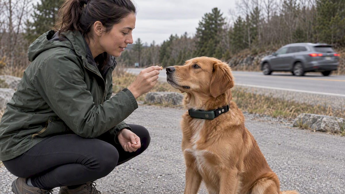 Dog calmly watching a passing car during training