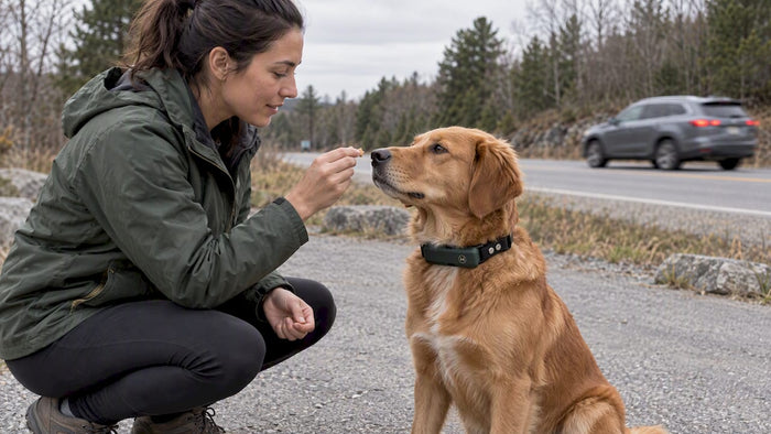 Dog calmly watching a passing car during training