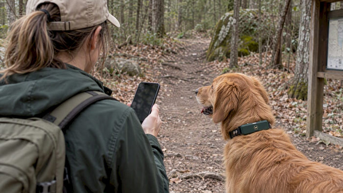 Dog wearing HAVEN collar on wooded trail
