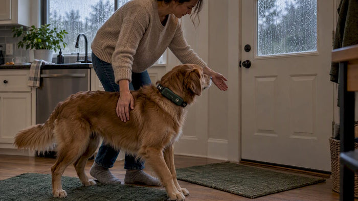 Dog wearing HAVEN collar indoors during a storm