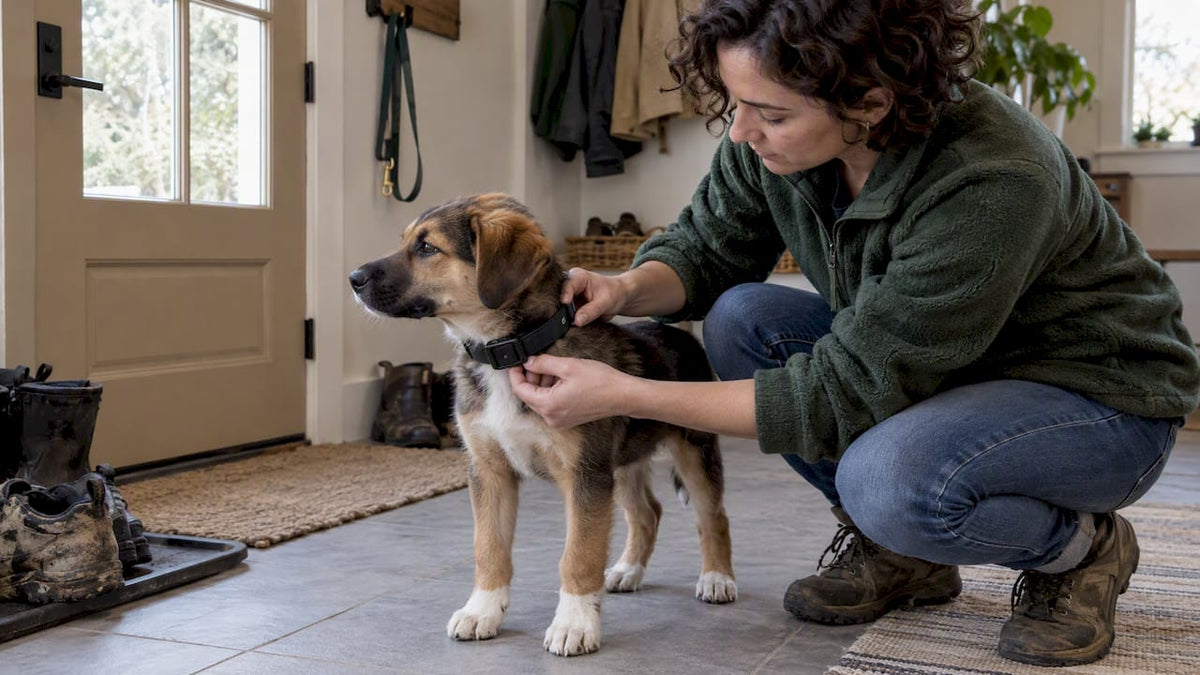 Owner checks a young puppy’s training collar fit