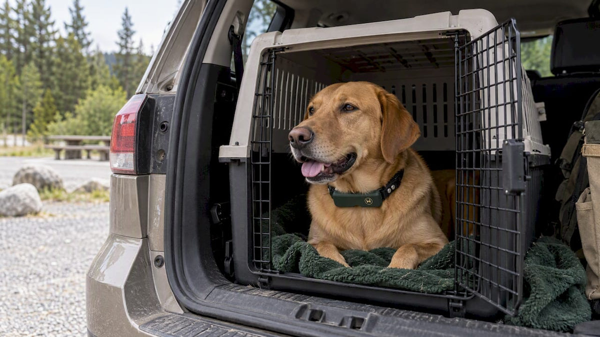 Dog secured in a car with HAVEN collar