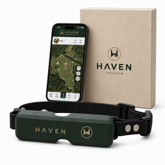 HAVEN Freedom 4G GPS dog fence collar with retail box and app showing a customized boundary